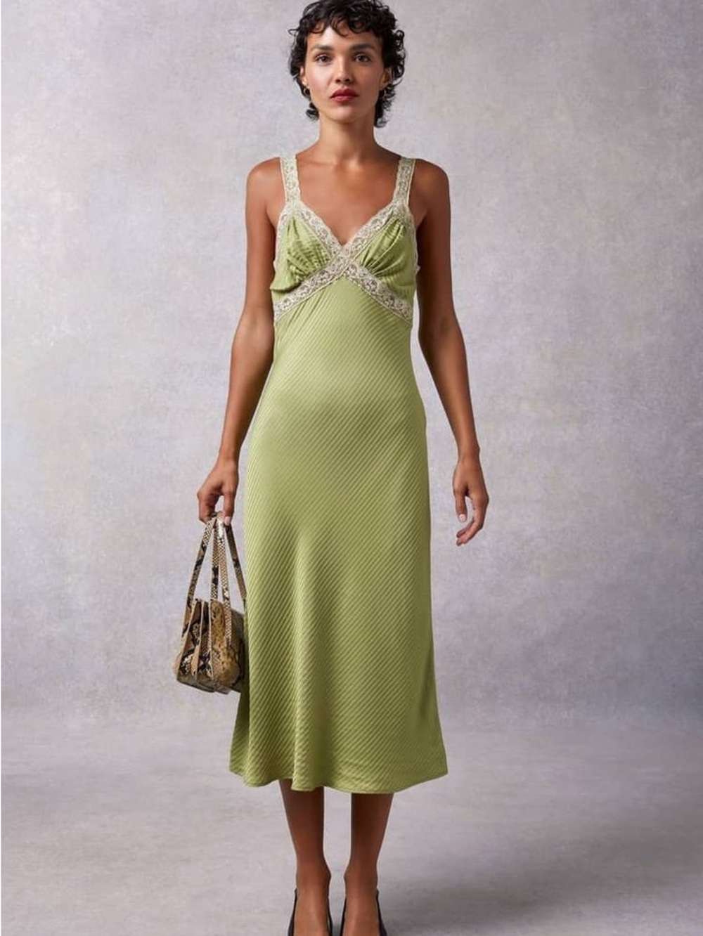 Rouje Paris Jenna Olive Green Lace Trim Slip Dress